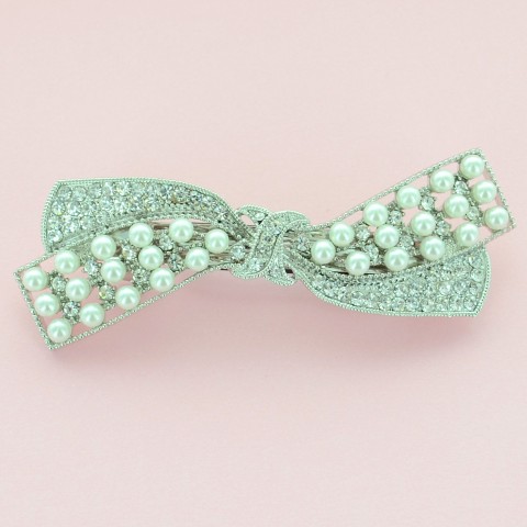 Sparkling Crystal Faux Pearl Bow Barrette