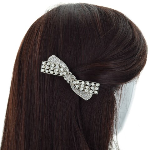 Sparkling Crystal Faux Pearl Bow Barrette