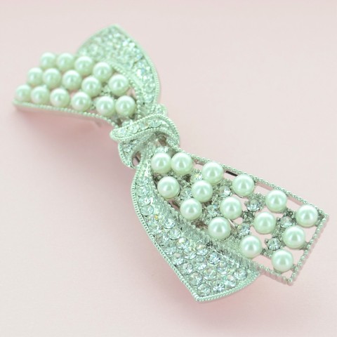 Sparkling Crystal Faux Pearl Bow Barrette