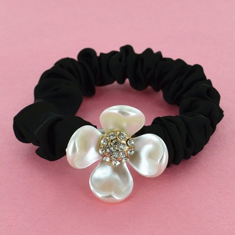 Crystal Flower Silk Like Stain Ponytail Holder