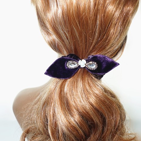 Silk Like Velvet Crystal Bow Ponytail Holder