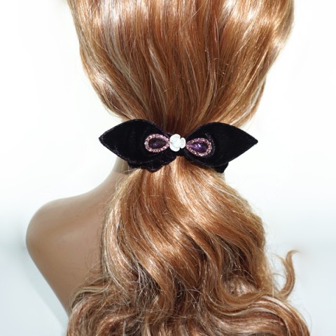 Silk Like Velvet Crystal Bow Ponytail Holder