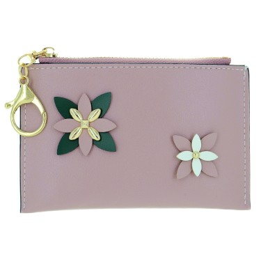 Flower Faux Leather Zip Card Case