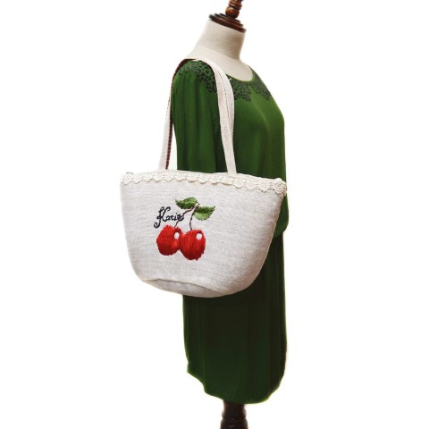 Cherry Embroidered Straw Tote