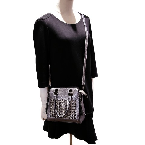 Crystal Studded Top Handle Faux Leather Tote