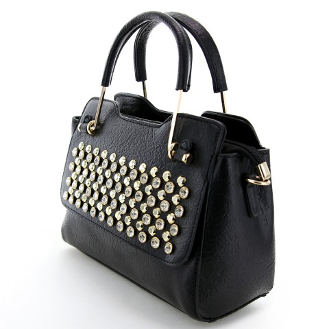 Crystal Studded Top Handle Faux Leather Satchel