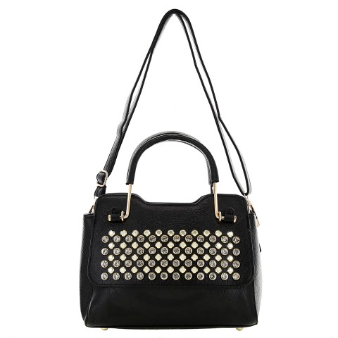 Crystal Studded Top Handle Faux Leather Satchel