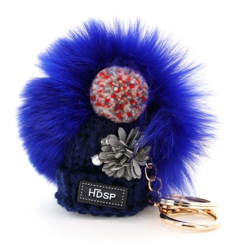 Knit Hat With Genuine Rabbit Fur Pompom Key Chain