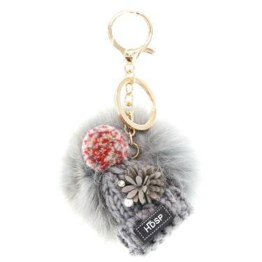 Knit Hat With Genuine Rabbit Fur Pompom Key Chain