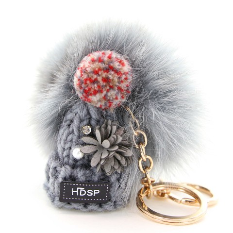 Knit Hat With Genuine Rabbit Fur Pompom Key Chain