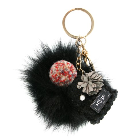 Knit Hat With Genuine Rabbit Fur Pompom Key Chain