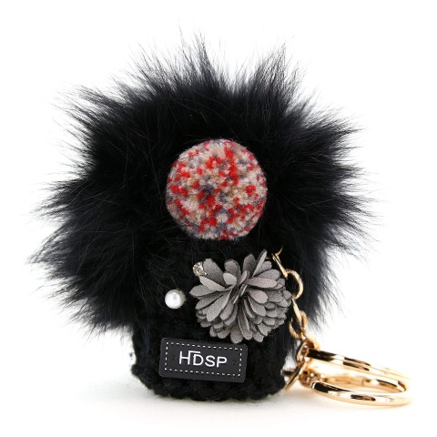 Knit Hat With Genuine Rabbit Fur Pompom Key Chain