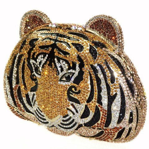 Crystal-Embellished Tiger Head Evening Clutch