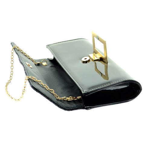 Glitter & Buckle Faux Patent Leather Clutch