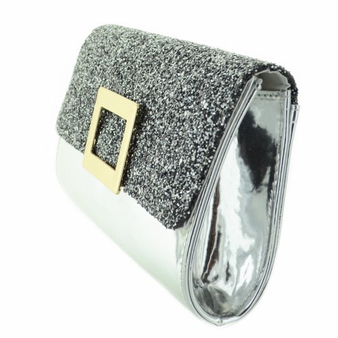 Glitter & Buckle Faux Patent Leather Clutch