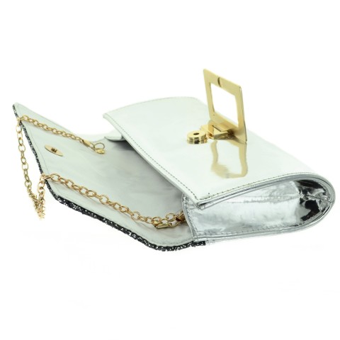 Glitter & Buckle Faux Patent Leather Clutch