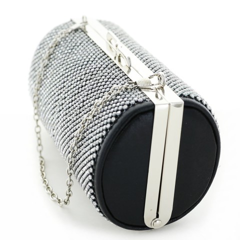 Women Rhinestone Crystal Mesh Cylinder Clutch Bag