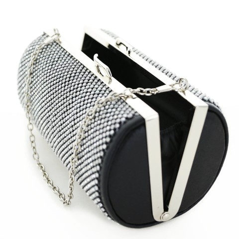 Women Rhinestone Crystal Mesh Cylinder Clutch Bag