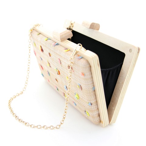 Raffia Straw Wood Frame Clutch