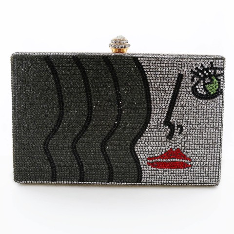 Crystal-Embellished Rhinestone Face Clutch Bag