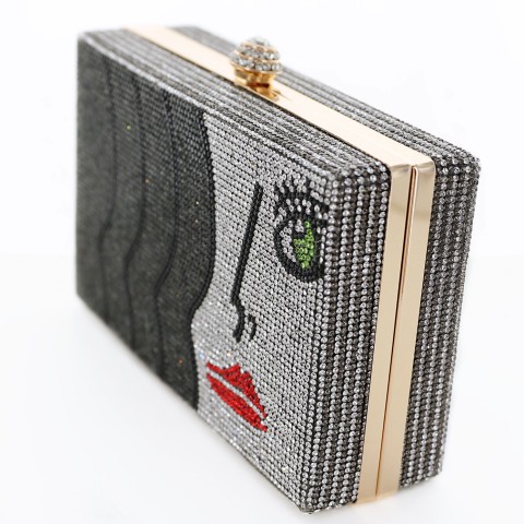 Crystal-Embellished Rhinestone Face Clutch Bag