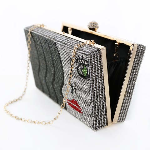 Crystal-Embellished Rhinestone Face Clutch Bag