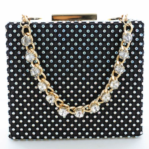 Rhinestone-Embellished Crystal Handle Box Clutch