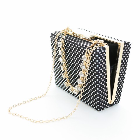 Rhinestone-Embellished Crystal Handle Box Clutch