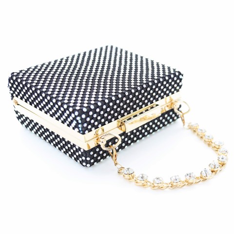 Rhinestone-Embellished Crystal Handle Box Clutch