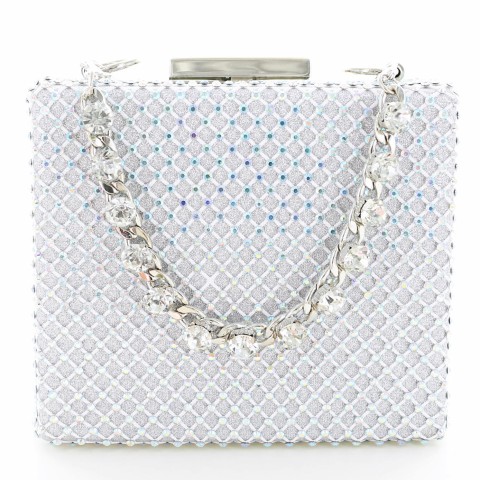 Rhinestone-Embellished Crystal Handle Box Clutch