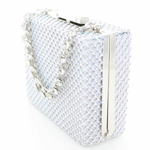 Rhinestone-Embellished Crystal Handle Box Clutch