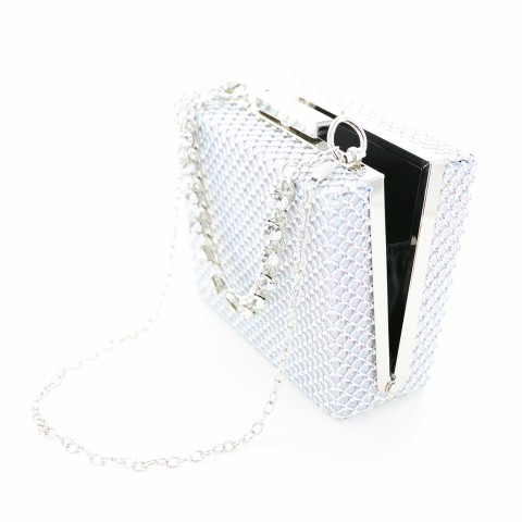 Rhinestone-Embellished Crystal Handle Box Clutch